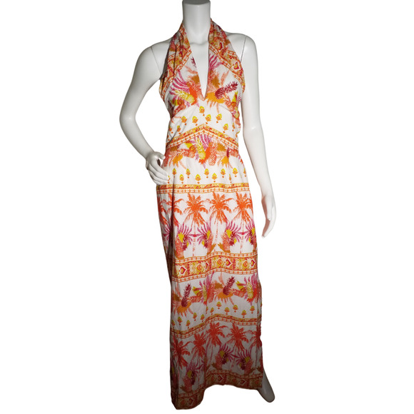 Taylor Pineapple Print Maxi Dress Halter Smocked Cotton NWT Size 10 - Picture 1 of 8